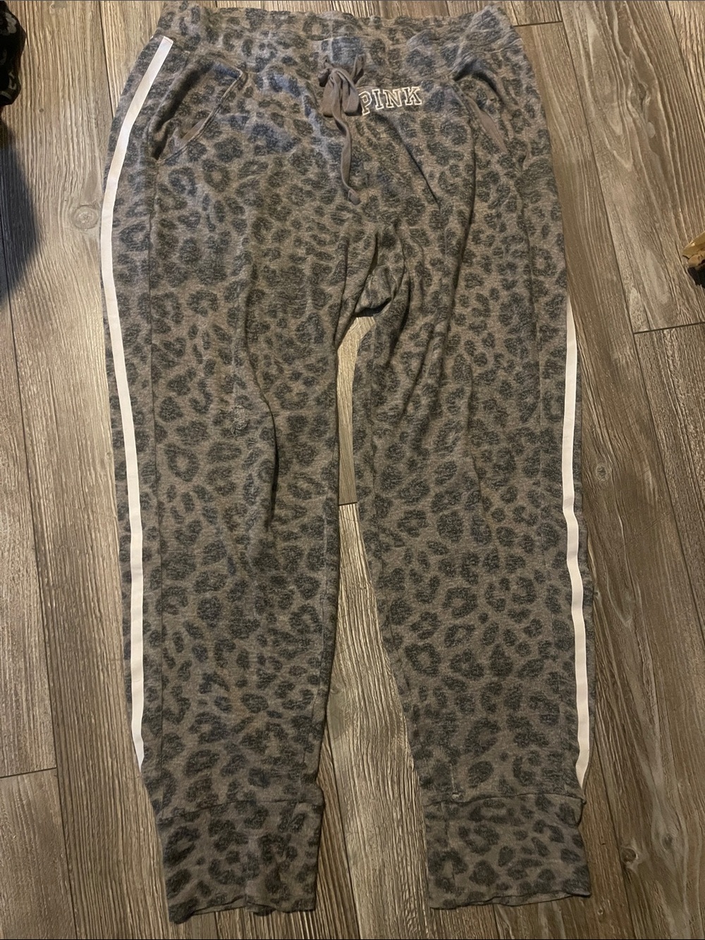 PINK Victoria's Secret Gray Leopard Print Track Joggers with White Side Stripes